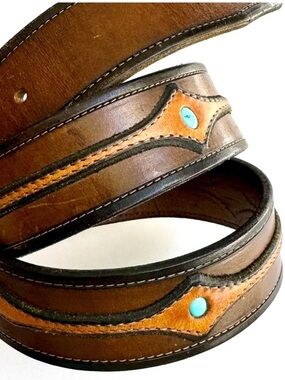 Western Style Leather Belt Turquoise Inlays